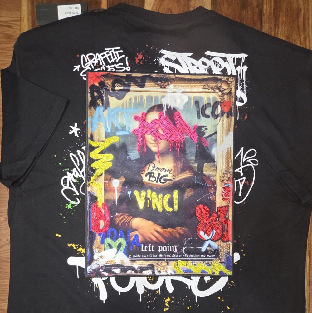 Left Point "Mona Lisa" Men's Graffiti Art Black T-Shirt